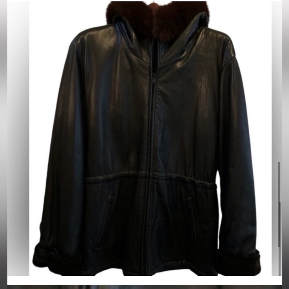 Andrew Marc Women's XL Black Leather Overcoat Faux Fur Hood Winter Coat